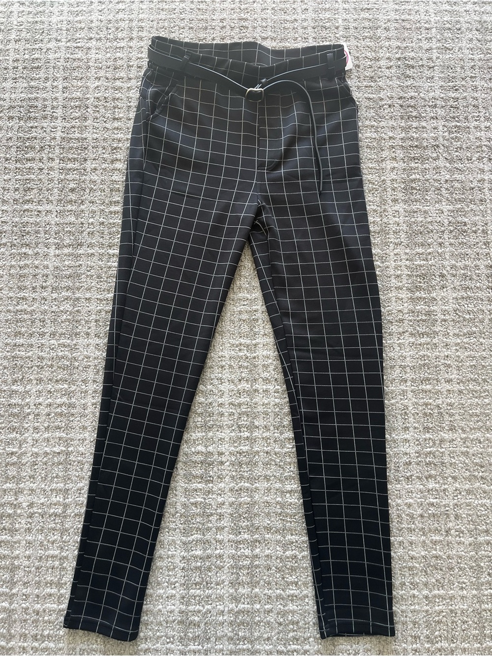 Shosho Women's Black/White Check Skinny Dress Pants High Rise L with belt